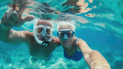 Senior happy couple taking selfie in tropical sea excursion with water camera - Boat trip snorkeling in exotic scenarios - Active retired elderly and fun concept on scuba diving