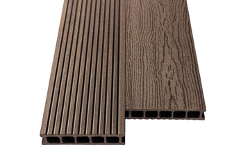 Colored Wood plastic composite patio decking boards isolated on white background