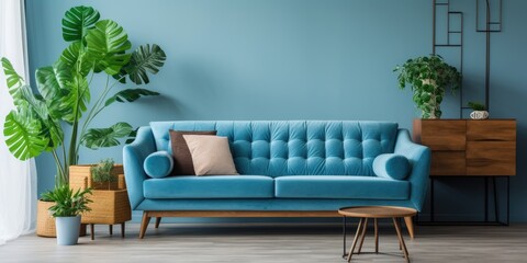 Blue three-seater sofa, wooden tables, and indoor plants in the living room.