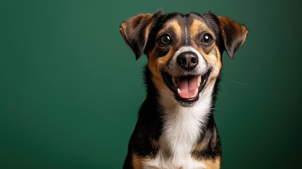 studio headshot portrait of brown white and black medium mixed breed dog smiling against a green background