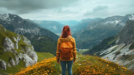 Naklejka premium Travel.Freedom, girl gen z travels through the mountains of wild nature. Unity, mental health, eco travel. Hiking, travel, good times, digital detox, self care,eco travel to the mountains