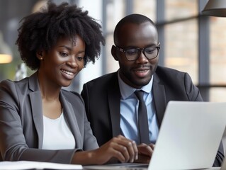 Two dark-skinned partners of an African American businessman in a meeting work on a laptop in the office. Affordable private courses and distance learning. New opportunities online
