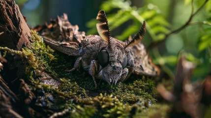  a close up of a bug on a mossy surface with a tree stump in the background and a fern in the foreground, with a blurry background.
