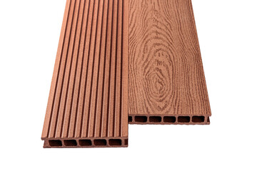 Colored Wood plastic composite patio decking boards isolated on white background