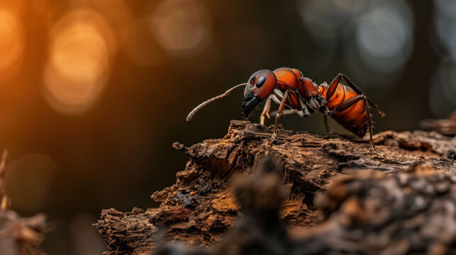  a close up of a red ant on a tree branch with blurry boke of light in the background and a blurry image of the ant in the foreground.