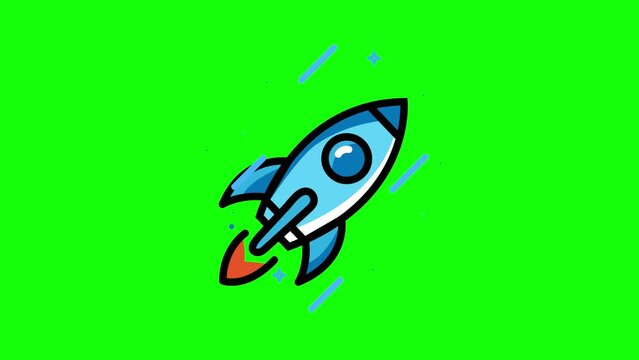 Pixel rocket fly on green background. pixel art looped animation. chroma key.green screen background