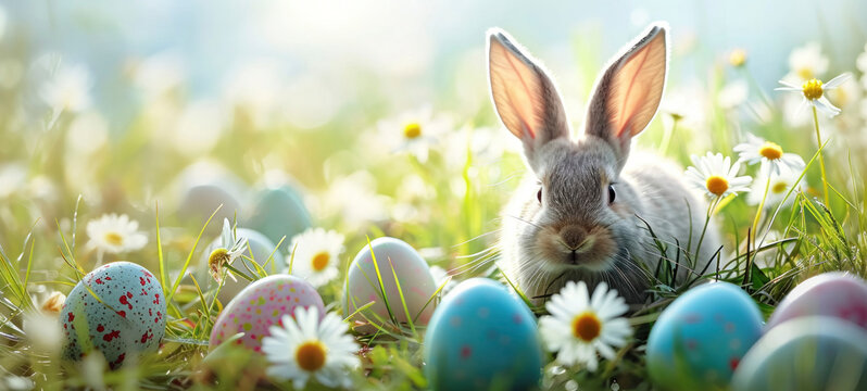 Bunny Among Easter Eggs in Sunny Meadow