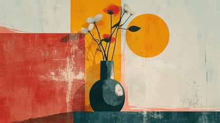  a painting of flowers in a vase against a yellow, red, and blue background with the sun in the distance and a half circle in the middle of the painting.