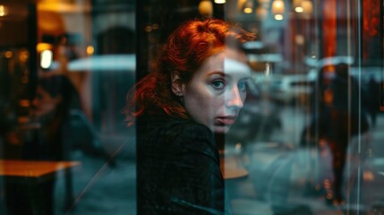 Fototapeta premium a woman with red hair looking out of a window at a man in a black jacket and a woman with red hair looking out of a window at a man.