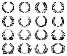 Set of laurel wreaths. Round laurel leaves, wheat, olive and oak wreaths. Logo of victory, achievement, award, coat of arms, heraldry. Isolated black silhouette on white background. Vector - 728828405