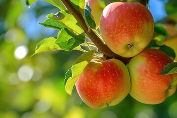 Ripe juicy apples on tree branch in the garden