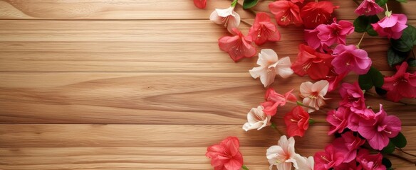 Fototapeta na wymiar Vibrant red, pink, and white flowers on a wooden texture, perfect for romantic and seasonal backgrounds