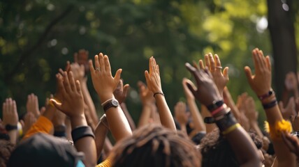 Multiracial group of people with hands raised in unity at an outdoor event