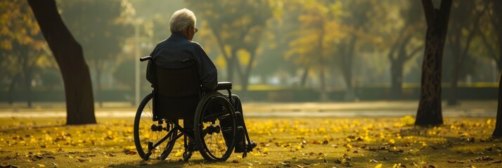 An elderly man or woman, seated in wheelchairs, find solace and companionship in an empty park, sharing a serene moment of togetherness amidst the tranquility of nature - obrazy, fototapety, plakaty
