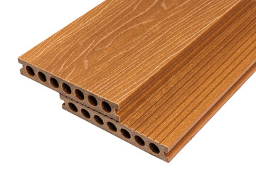 Colored Wood plastic composite patio decking boards isolated on white background