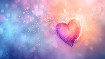  a heart shaped object in the middle of a blurry blue, pink, and yellow background with a boke of light coming from the top of the heart.