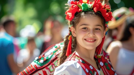 Smiling young girl with braids wearing a colorful folk dress and headpiece