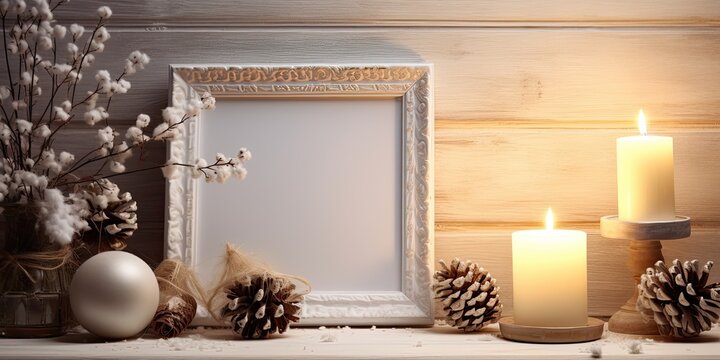 Festive arrangement with candle, picture frame, pillow, and winter elements.