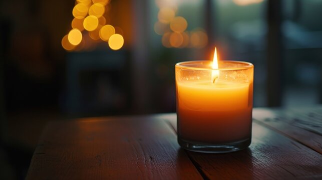  a lit candle on a wooden table in front of a window with a blurry boke of lights in the background and a wooden table with a candle in the foreground.