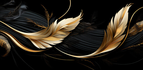 feathers in gold and black on a black background