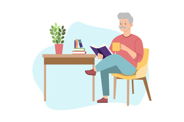 an elderly man sitting in an armchair and reading a book. vector illustration. rest, a pleasant pastime.