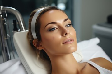 At a cosmetology clinic, a woman receives a specialized skincare procedure, enhancing her radiant glow