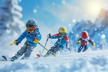 Portrait of children skiing in protective equipment in mountains. Winter sport