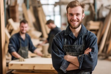 portrait of smiling young woodworker standing in workshop with arms crossed