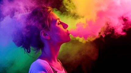 beauty model woman with e-cigarette and colorful smoke, smoking girl vape