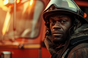 Fototapeta na wymiar Portrait of african american firefighter man in uniform and helmet standing near fire engine