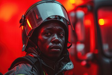 Fototapeta premium Portrait of african american firefighter man in uniform and helmet standing near fire engine
