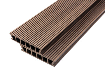 Colored Wood plastic composite patio decking boards isolated on white background