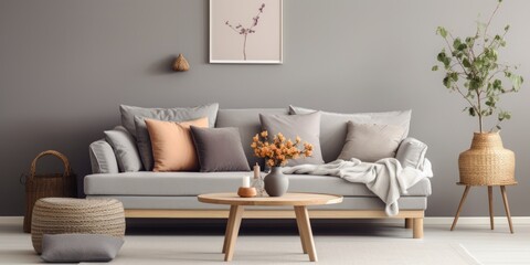 Simple and stylish living room interior with gray sofa, wooden coffee table, photo frame, flowers, rattan lamp, basket, and elegant accessories. Gray walls.