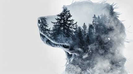  a black and white photo of a dog's head with trees in the background and fog in the foreground and snow in the middle of the foreground.