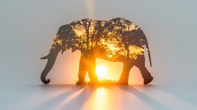 a picture of an elephant with the sun in the background and a tree in the foreground with the shadow of the elephant on the right side of the picture.