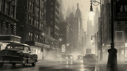 Atmospheric Black and White Representation of a Mid-20th Century New York Style Cityscape with Hazy Light