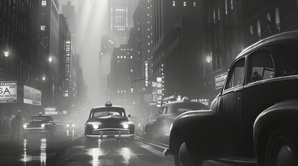 Atmospheric Black and White Representation of a Mid-20th Century New York Style Cityscape with Hazy Light