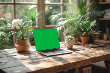 A modern laptop stands on a table with a green screen. Mock-up for your advertising on a monitor, laptop on a wooden table with house plants around 