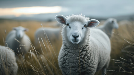 A serene sheep in focus with a flock in the background on a misty day.