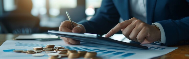 Intense Businessman Analyzing Financial Data on Laptop Screen in an Office Environment