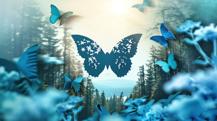  a group of blue butterflies flying in the air over a forest filled with blue flowers and a lake surrounded by pine trees with a sun shining in the sky in the background.
