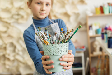 Close-up of Paintbrushes in Child's Art Class