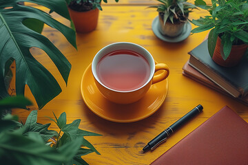 cup of tea on a yellow table - 728830293