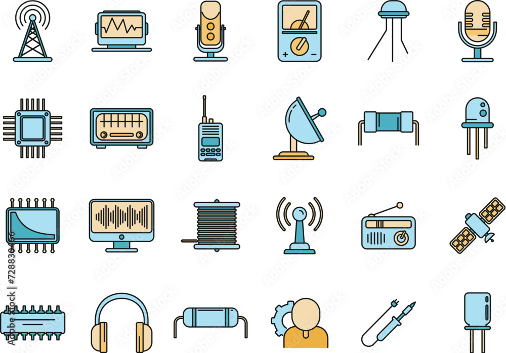 Poster radio engineer tool icons set. outline set of radio engineer tool vector icons thin line color flat 