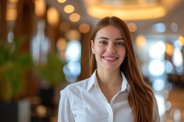 Obraz premium Young beautiful woman receptionist standing in hotel lobby near the counter