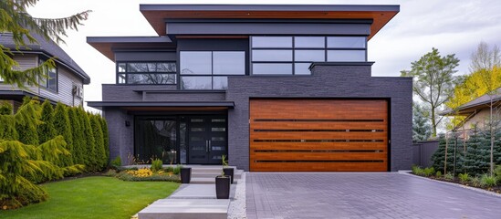 A luxury contemporary house with a dark grey exterior features a modern garage door made to look like brown wood with horizontal glass windows, situated on a concrete driveway. © Lasvu