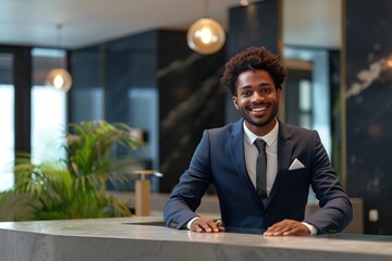 Young african american man receptionist standing in hotel lobby near the counter - obrazy, fototapety, plakaty