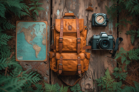 Travelling concept image with  Traveller`s backpack, camera, compass and world map on a wooden table. 