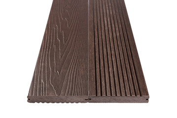 Colored Wood plastic composite patio decking boards isolated on white background