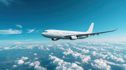 A white passenger airplane soaring through the sky.